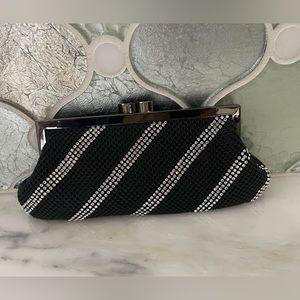 WHITING & DAVIS Black Mesh Metal Crystal Striped Clutch Evening Bag With Chain